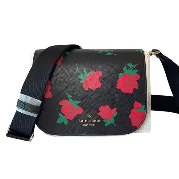 Kate Spade Madison Rose Toss Printed Saddle Crossbody Bag Black Red Floral - Picture 1 of 12